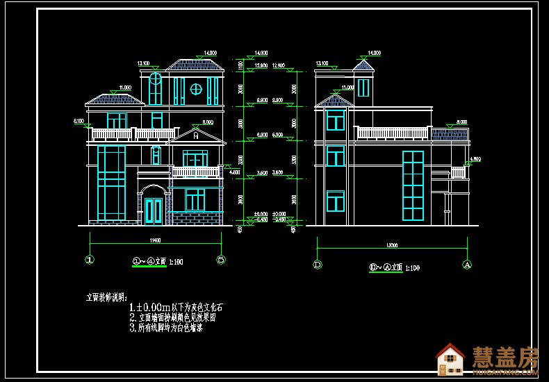 11x13带落地窗四层坡屋顶别墅设计图