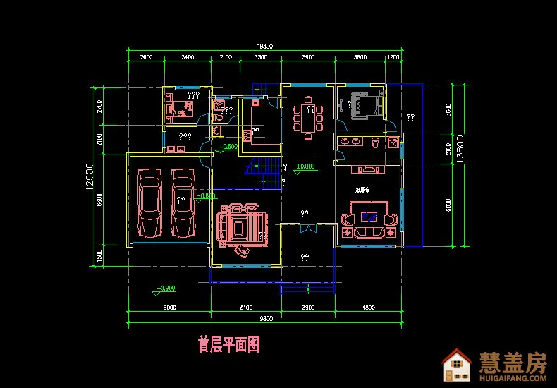 19x13米传统建筑风格自建房设计图及效果图，带双车库和露台