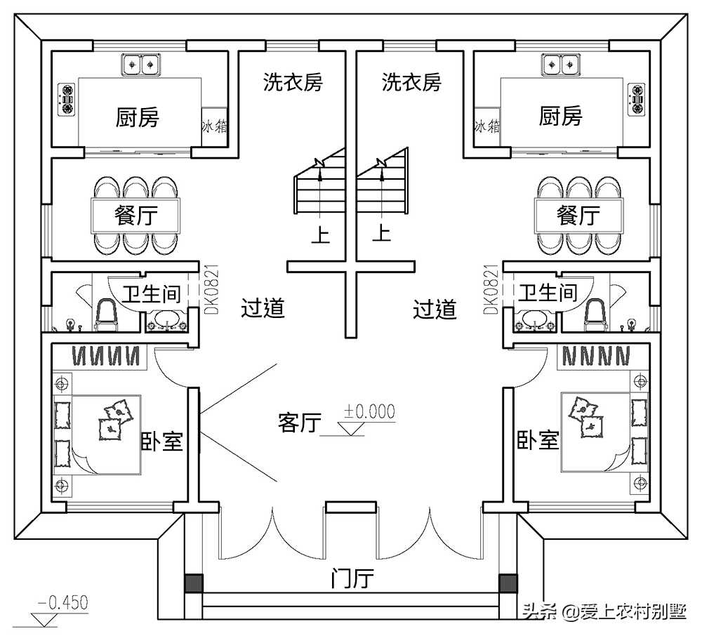 兄弟双拼别墅农村二层半建房图纸(二层双拼农村房屋设计)