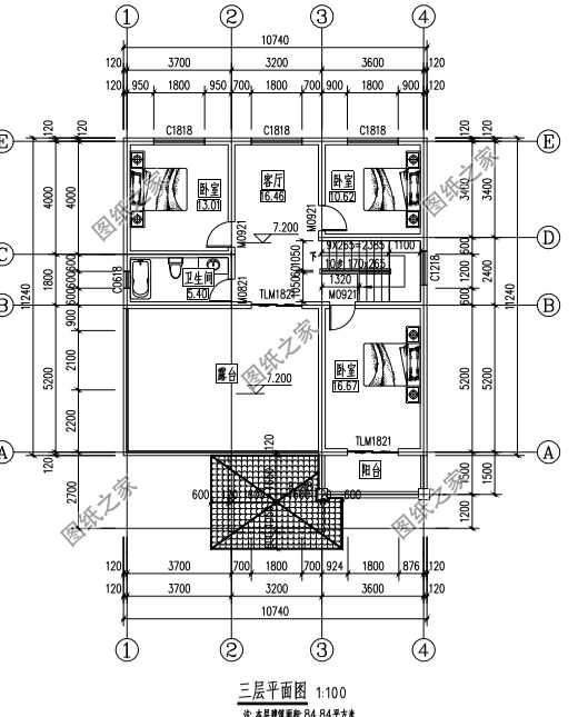 7米x7米宅基地自建房三层平面图(三层半简易自建房图)