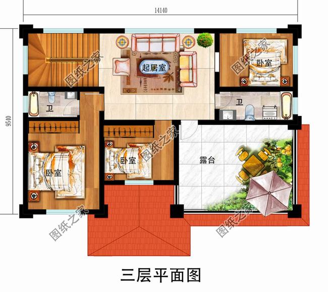 7米x7米宅基地自建房三层平面图(三层半简易自建房图)